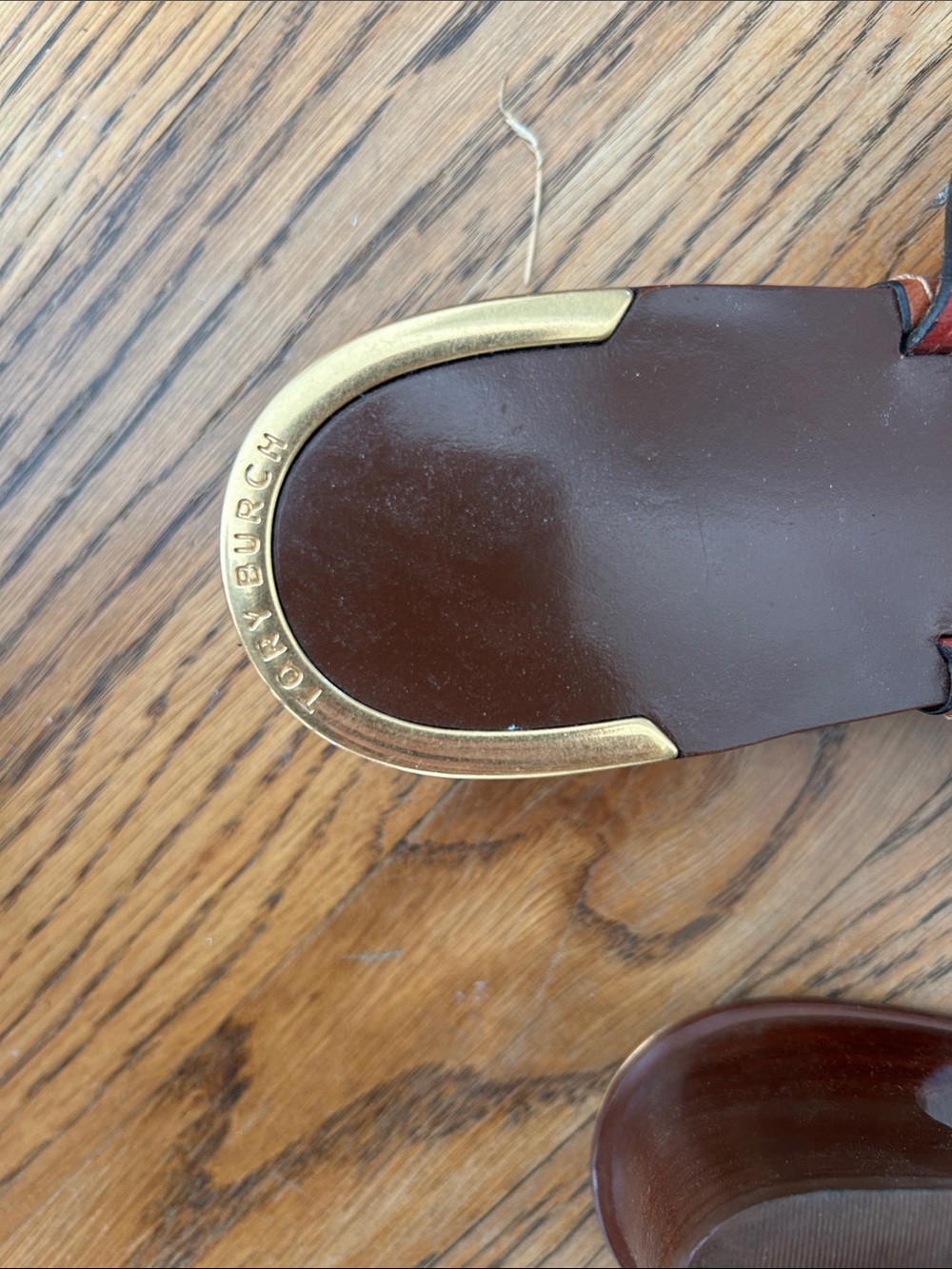 Tory Burch Brown Leather Slide Sandals with Red Trim and Gold Accents - Picture 3 of 5